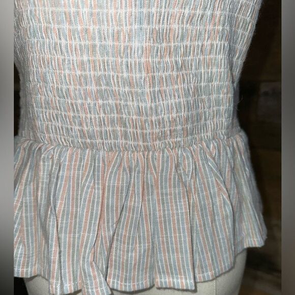 Japna Woman's Smocked back Peplum Square Neck Striped Ruffles Top Sz L - Picture 2 of 11